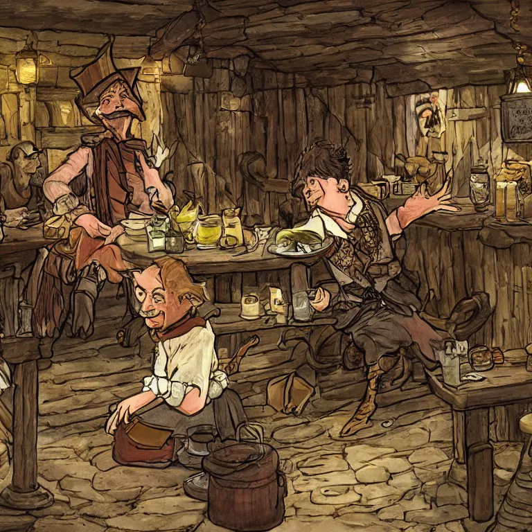 Image similar to a single emu in a halfling tavern, fantasy rpg book illustration