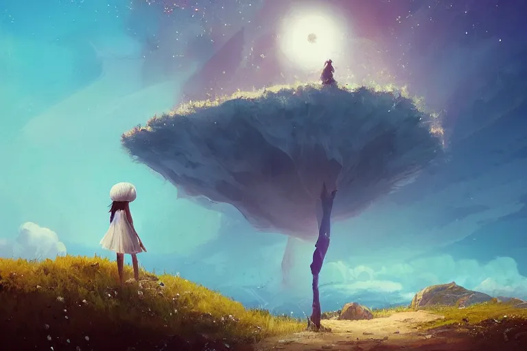 Image similar to giant white daisy flower on head, girl walking on cliff, surreal photography, solar eclipse, milky way, dramatic light, impressionist painting, clouds, digital painting, artstation, james gilleard, liam wong, jeremy mann, simon stalenhag