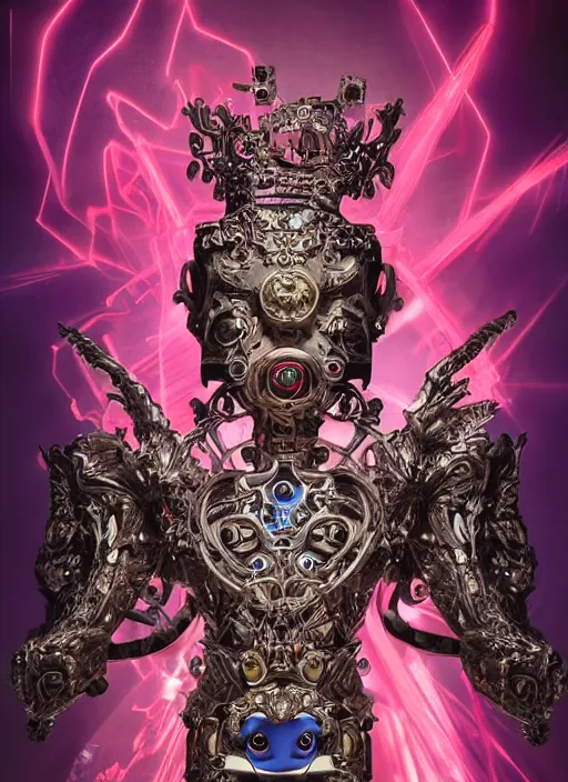 Image similar to baroque and cyberpunk style full-body sculpture of a young evil Hispanic prince half android with a chest exposing a glowing ruby battery, glowing pink seductive laser eyes, crown of blue gears and diamonds, swirling salmon-colored silk fabric, robotic raptors dinosaurs. baroque elements. full-length view. intricate artwork by caravaggio. art by Artgerm and Greg Rutkowski and Alphonse Mucha, Trending on artstation, cinematic industrial lighting, photorealistic, octane render, 8k, depth of field, 3D