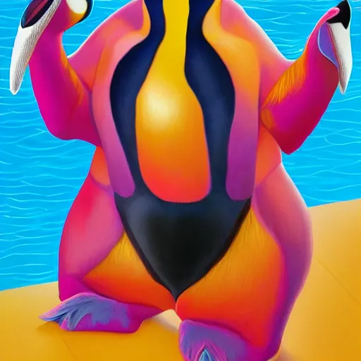 Prompt: giant emperor penguin in shiny swimsuit, by DULK, intricate, colorful, trending on Artstation