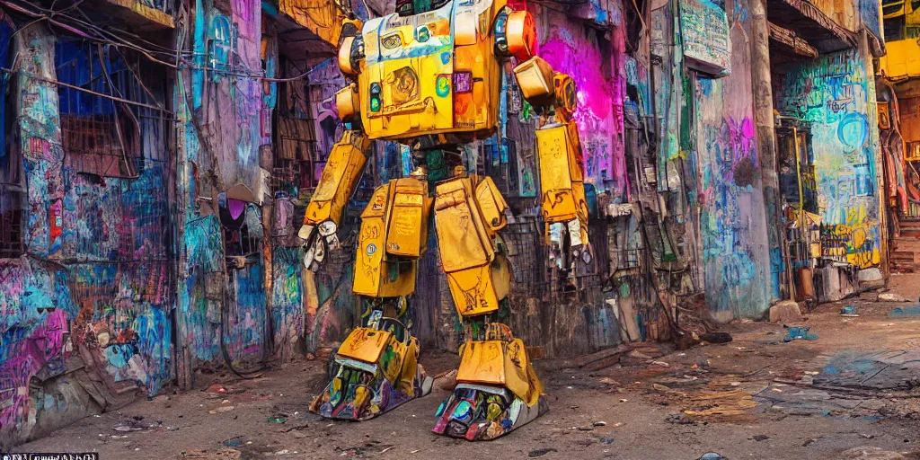 Image similar to colourful - damaged - giant mecha ROBOT of neon lit AJEGUNLE SLUMS of Lagos, markings on robot, Golden Hour,