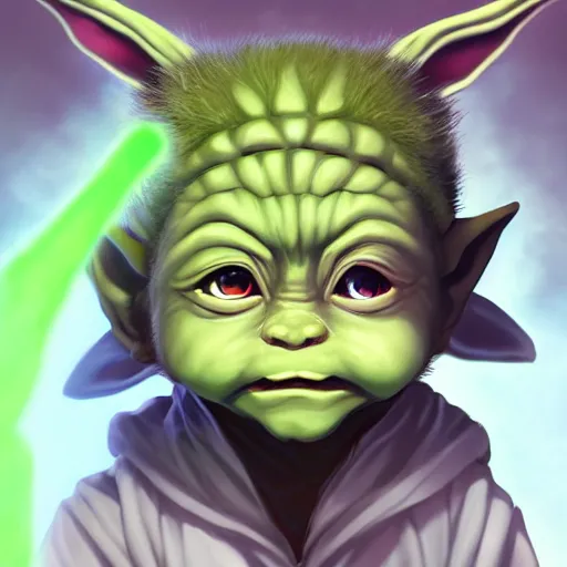 Image similar to anime portrait of Baby Yoda as a shaman yedi using dark force to eliminate trump as an anime antagonist by Stanley Artgerm Lau, WLOP, Rossdraws, James Jean, Andrei Riabovitchev, Marc Simonetti, and Sakimichan, trending on artstation