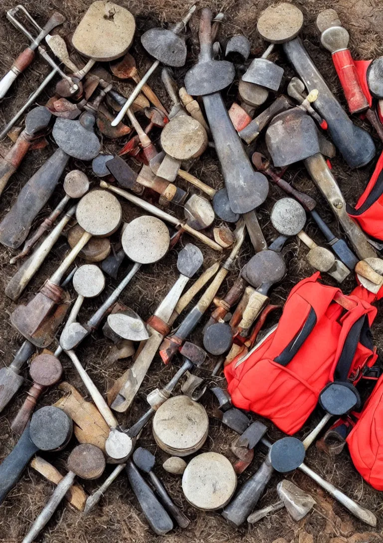 Prompt: a beautiful photograph of a workman's bag of useless hammers