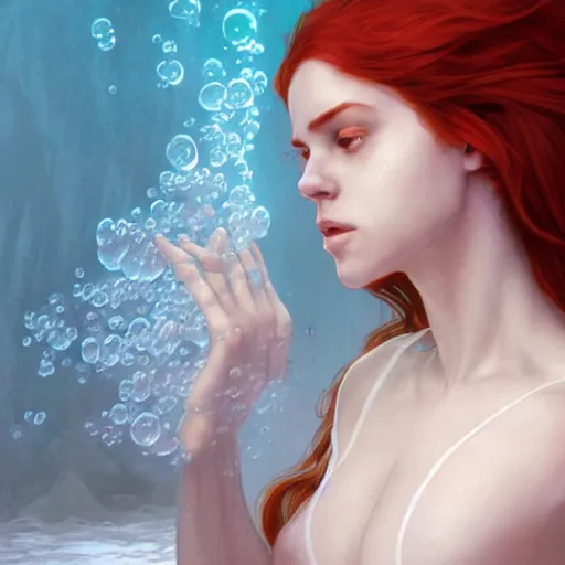 Image similar to a female red hair wearing see through white long dress under the water, bubble, underwater caustic, olive skinned, sumerian, d & d, highly detailed, digital painting, artstation, concept art, sharp focus, illustration, cinematic lighting, art by artgerm and greg rutkowski and alphonse mucha