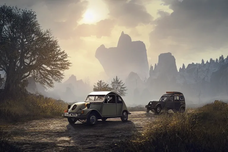 Image similar to offroad citroen 2 cv ( 1 9 6 5 ) driving across the rift, riften city in the background, epic fantasy, autumn, the elder scrolls v : skyrim, dramatic lighting, establishing shot, by simon stalenhag