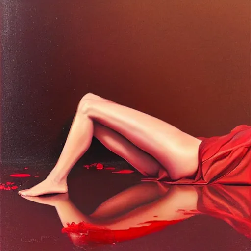 Image similar to Emily Ratajkowski full body laying in a blood red pool of water between a golden mirror frame, outside is space and inside the mirror frame is a beautiful landscape., physically accurate, dynamic lighting, intricate, elegant, highly detailed, very very Roberto Ferri, sharp focus, illustration, art