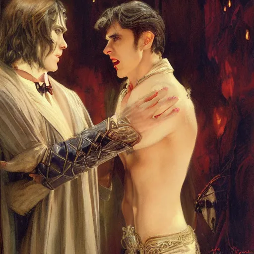 Image similar to attractive male, arthur pendragon confesses his love to attractive male dracula the vampire. highly detailed painting by gaston bussiere, craig mullins, j. c. leyendecker 8 k