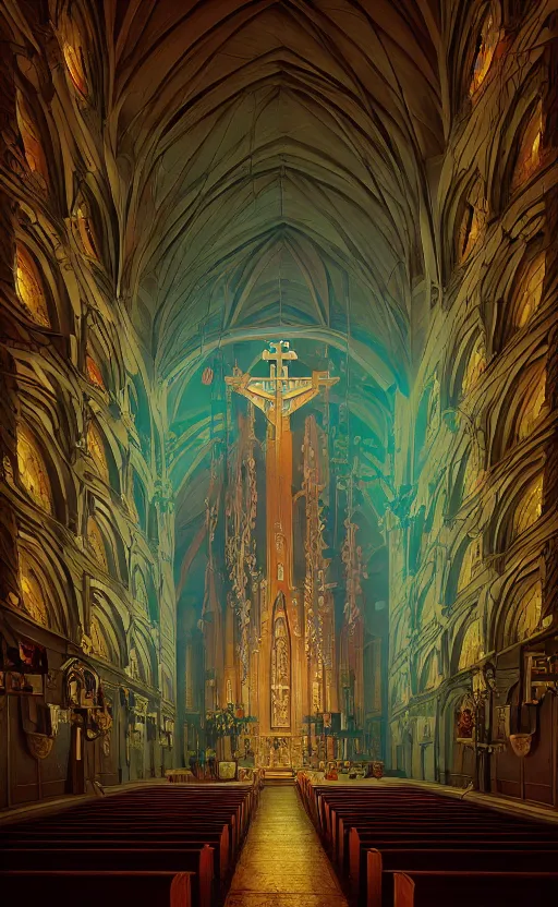 Prompt: Interior shot of a church by Petros Afshar and Beeple, James Gilleard, Mark Ryden, Wolfgang Lettl highly detailed