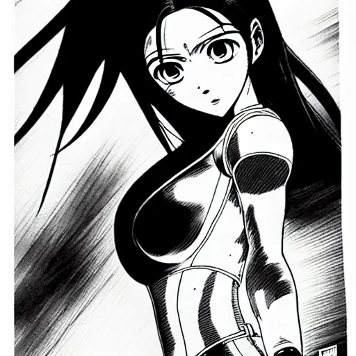 Image similar to alita by yukito kishiro. medium shot. black and white manga. pencil drawing.