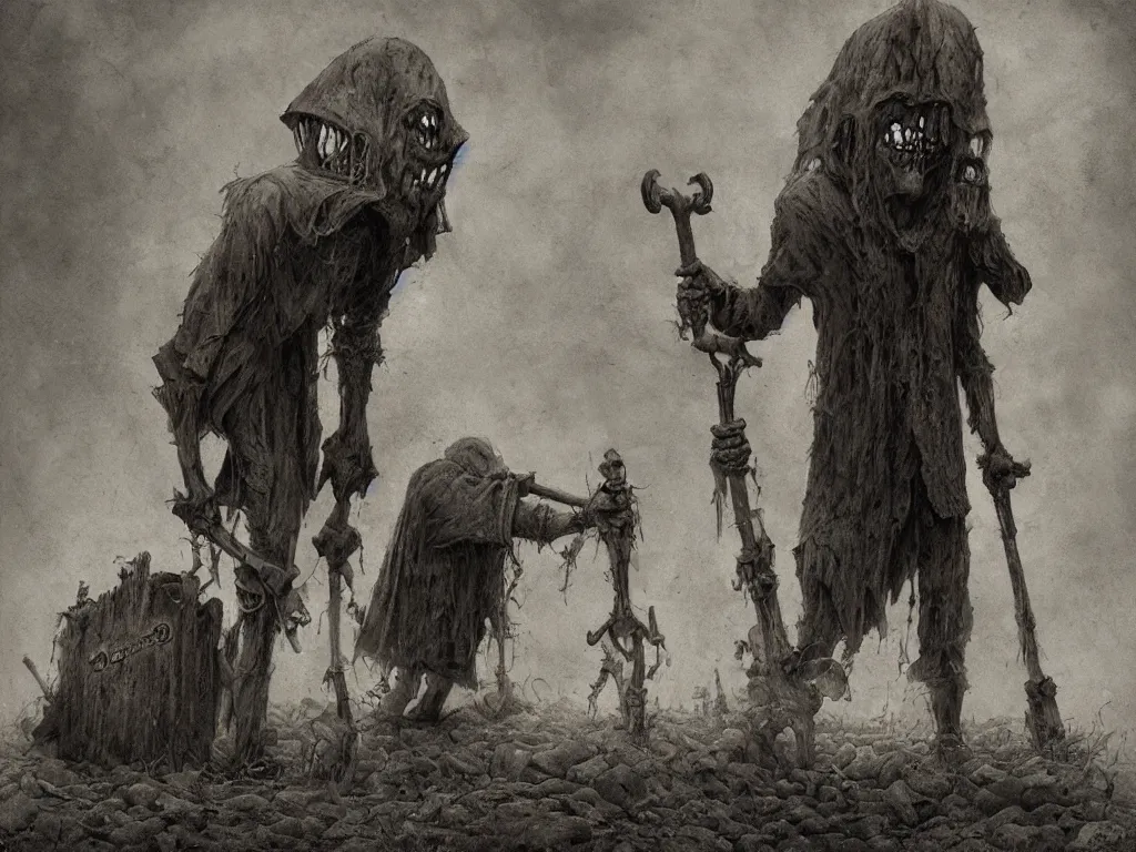 Prompt: creepy gravedigger in the style of John Kenn Mortensen, realistic painting, high definition, digital art, matte painting, very detailed, realistic