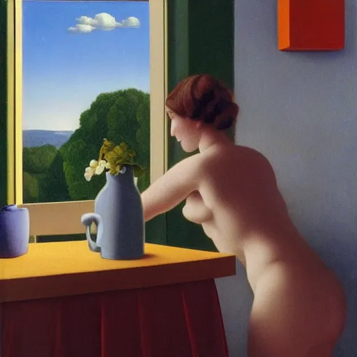Prompt: a happy morning to wake up feeling great by Raphael, Hopper, and Rene Magritte. detailed, romantic, enchanting, trending on artstation.