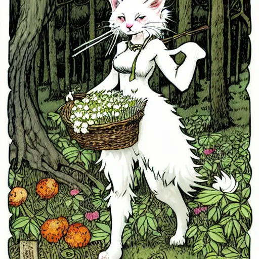 Image similar to A cute white-furred cat-girl Herbalist collecting flowers in the forest. Absurdly-detailed fantasy character illustration by Rebecca Guay and Wayne Reynolds