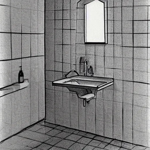 Prompt: ultrarealistic very detailed and crisp pencil drawing by Antonio López of a white tiled bathroom wall with a small mirror above a white ceramic lavabo, and a glass shelf with a glass with a toothbrush and some shaving equipment in Madrid, 1984 n 9