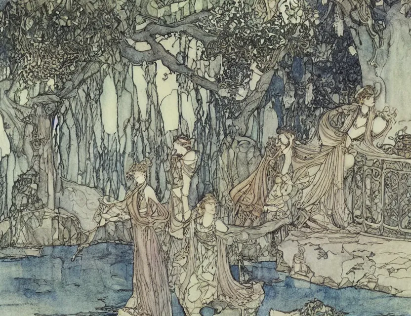 Image similar to a detailed, intricate watercolor and ink illustration with fine lines of the view from the river of an art nouveau arabian palace, by arthur rackham and edmund dulac and lisbeth zwerger