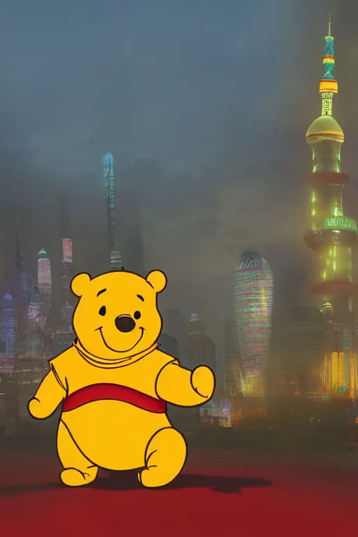 Prompt: portrait of Xi Jinping dressing up as Winnie the Pooh, rule of thirds, captivating glowing lights, Chinese embassy setting, on dystopian Shanghai, photo realistic by Yaşar VURDEM , artstation, unreal engine, character concept art by Hayao Miyazaki, high quality printing