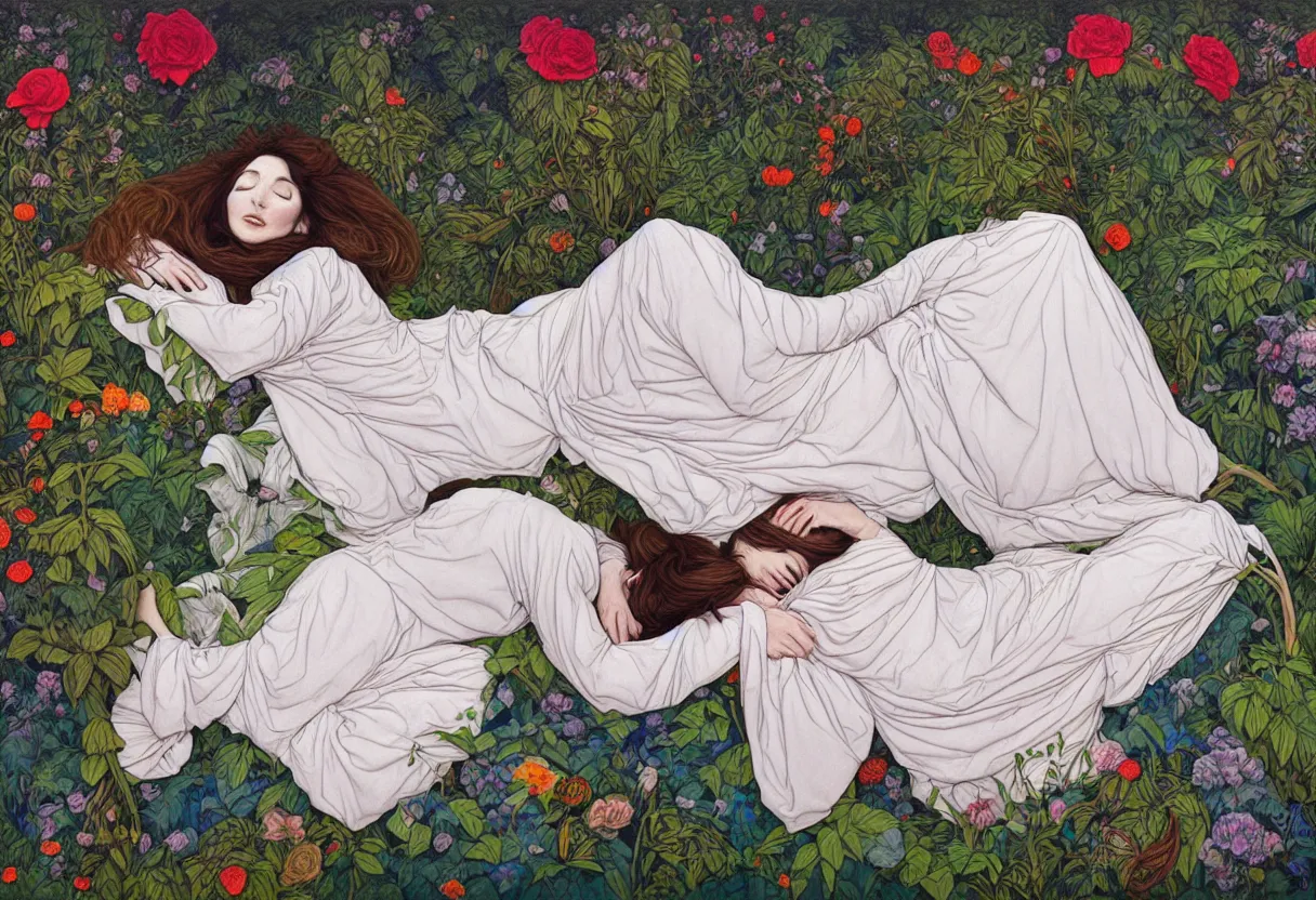 Image similar to ! dream portrait of kate bush sleeping in a garden by james jean