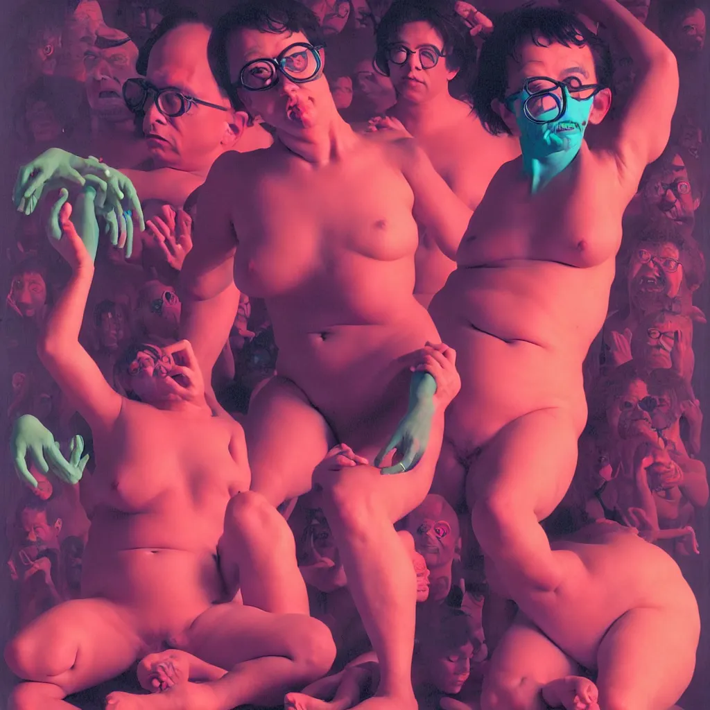 Image similar to weird and disturbing portrait of todd solondz, full body, thong, wide open eyes. vivid colors, neon, art by ( ( ( kuvshinov ilya ) ) ) and wayne barlowe and francis bacon and artgerm and wlop and william - adolphe bouguereau