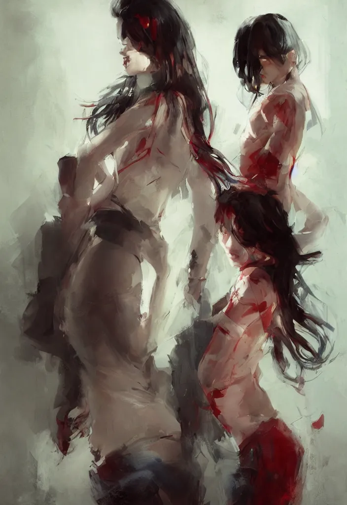 Prompt: full body portrait of a duo of 1 9 years old girl figures, messy hair, oriental tattoos, subjects wearing savile row menswear, beautiful, dramatic, cinematic lighting, few fire red highlights, visible brushstrokes, by ross tran and jeremy mann and guweiz, oil on canvas, artstation, pixiv