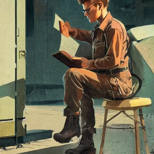 Image similar to a highly detailed epic cinematic concept art CG render digital painting artwork costume design: young James Dean as a well-kept neat mechanic in 1950s USSR green dungarees and big boots, reading a book. By Greg Rutkowski, Ilya Kuvshinov, WLOP, Stanley Artgerm Lau, Ruan Jia and Fenghua Zhong, trending on ArtStation, subtle muted cinematic colors, made in Maya, Blender and Photoshop, octane render, excellent composition, cinematic atmosphere, dynamic dramatic cinematic lighting, aesthetic, very inspirational, arthouse