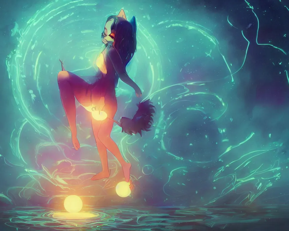 Image similar to beautiful whimsical cat girl standing in a lake in the moonlight, using magic, under a multi-colored binary blackhole with an accretion disc, glowing trails following her arms, wearing professional makeup, acidwave, by Lois van Baarle, by Greg Rutkowski, by artgerm, by beeple, by studio ghibli, cinematic angle, volumetric lighting, 4k resolution, octane render, trending on artstation, masterpiece