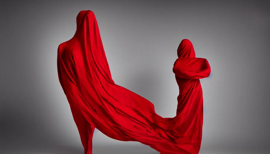 Image similar to fashion photograph of invisible figure wrapped in red sheet in darkness, high contrast, hard light, digital art, rendering, cloth simulation, redshift