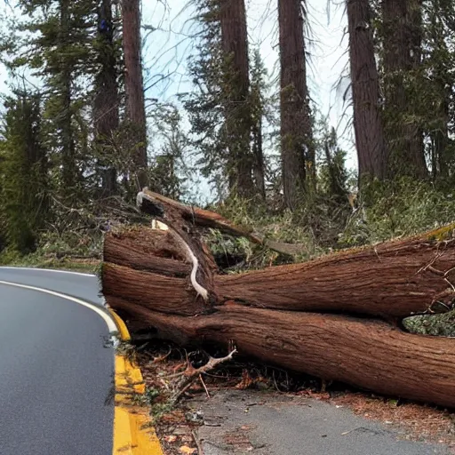 Prompt: fallen tree in highway traffic. Sasquatch peeking out from forest