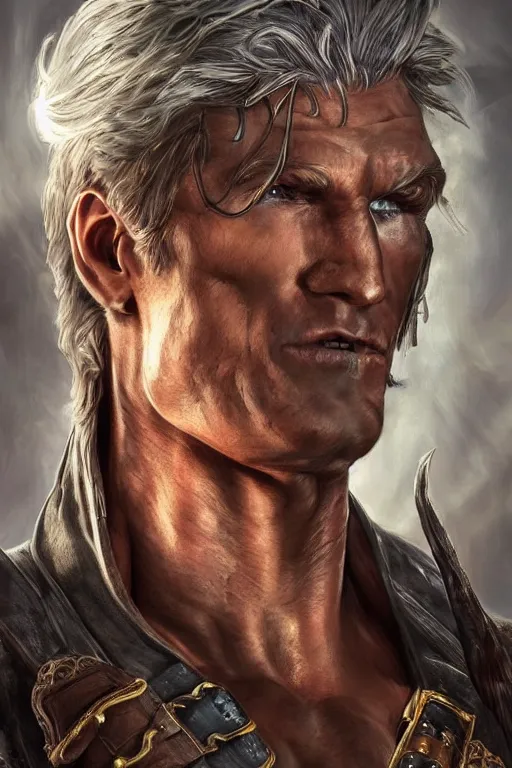 Image similar to ultra realistic illustration, hulking herculean dolph lundgren as a rogue pirate thief from baldurs gate and diablo, intricate from baldurs gate, elegant, highly detailed, digital painting, artstation, concept art, smooth, sharp focus, illustration, art by artgerm and greg rutkowski and alphonse mucha