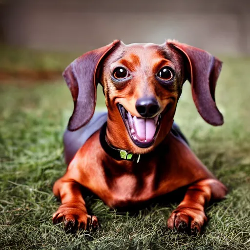 Prompt: photoshoot portrait of a very happy dachshund, with a big smile