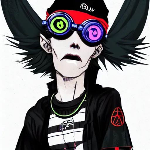 Image similar to a cybergoth guy wearing goggles and eccentric jewelry by jamie hewlett :: full body character concept art, full body, detailed