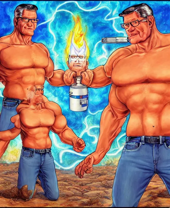 Image similar to normal hank hill wearing bluejeans and white tshirt, the god of propane, blue flames, propane tanks, magic realism, art by josephine wall, art by mike judge, art by huang guangjian, art by viktoria gavrilenko, art by amanda sage, trending on artstation