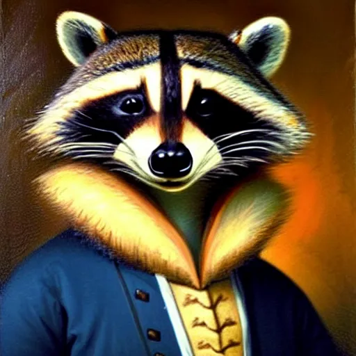 Image similar to a head and shoulders portrait painting of an anthropomorphic!!!!!!!!!! raccoon!!!!!!!!!! wearing a colonial outfit without a hat looking off camera, a character portrait, american romanticism, oil on canvas, soft focus