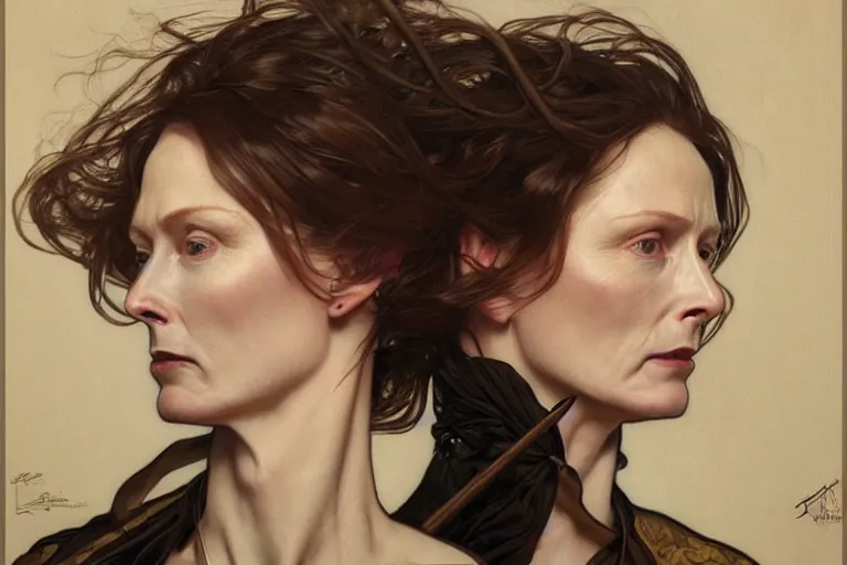 Prompt: hyper realistic portrait tilda swildon, bigger forehead, bigger chin, long beard, from the side, by lee bermejo, alphonse mucha and greg rutkowski