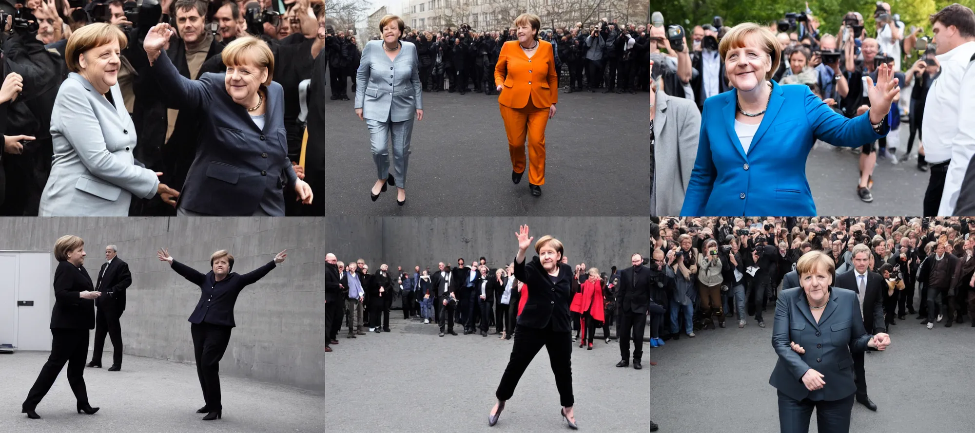 Prompt: Angela Merkel wearing latex suit, dancing in Berghain