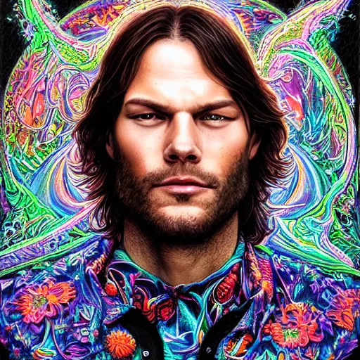 Prompt: portrait of jared padalecki, hyper detailed masterpiece, neon floral pattern, jean giraud, digital art painting, darkwave goth aesthetic, psychedelic, artgerm, donato giancola and tom bagshaw