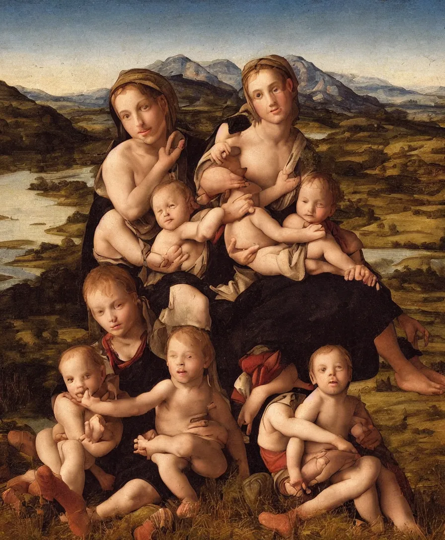 Image similar to Madonna sitting with two small boys in a dried out meadow, boy holding cross, lake, mountains, town in background, close up, in the style of Raffael, oil painting, Italian Renaissance