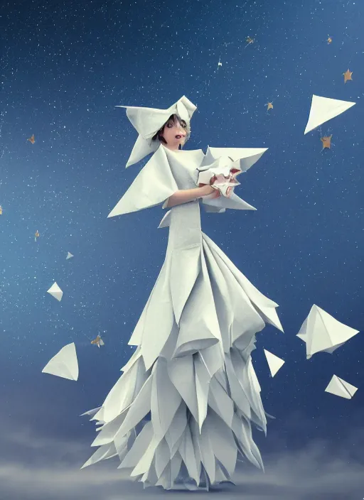 Image similar to background edge of space with puffy clouds are dusk, anthropomorphic paper woman wrapped in a flowing couture tissue paper, paper chrysanthemums, many origami stars, eery light, 3 d, very detailed, octane render, trending artstation, trending cgisociety, artgem