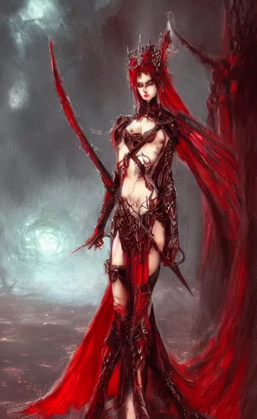 Prompt: Concept art Gothic princess in dark and red dragon armor. By Joseph Mallord William Turner, Luis Royo, artstation trending, highly detailded