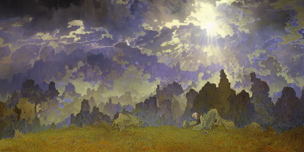 Image similar to photorealistic epic landscape with swirls of mist by alphonse mucha and maxfield parrish. ominous clouds, intense light beams, strange levitating stones, stones falling from the sky, swirls of mist by alphonse mucha. occult photorealism, uhd, amazing depth, glowing, volumetric lighting, cinematic lighting.