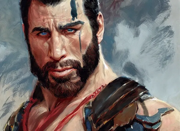 Prompt: a highly detailed beautiful portrait of john travolta as kratos, by gregory manchess, james gurney, james jean