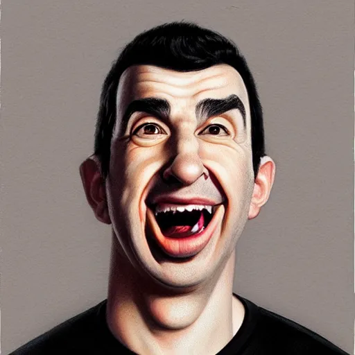 Image similar to hyper realistic portrait of a 3 d caricature of nathan fielder making absurd faces, painted by greg rutokowski, artgerm