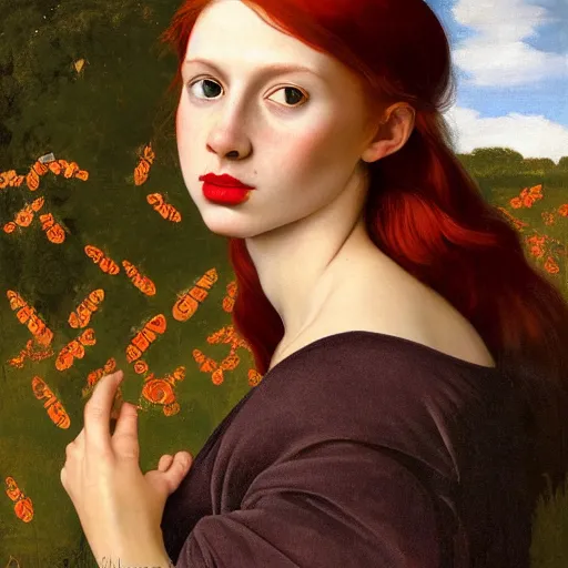 Image similar to a highly detailed portrait, red haired young woman, among golden fireflies, amid nature, long hair, green eyes, hint of freckles, round gentle face, cheeky smile with red lips, deep focus, elegant, digital painting, smooth, sharp, golden ratio, illustration, art by artemisia lomi gentileschi, caravaggio and artgerm