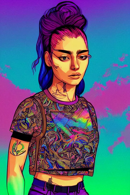 Image similar to a award winning half body portrait of a beautiful woman with stunning eyes in a printed croptop and cargo pants with rainbow colored ombre hairstyle head in motion and hair flying by josan gonzales, outrun, vaporware, shaded flat illustration, digital art, trending on artstation, highly detailed, fine detail, intricate