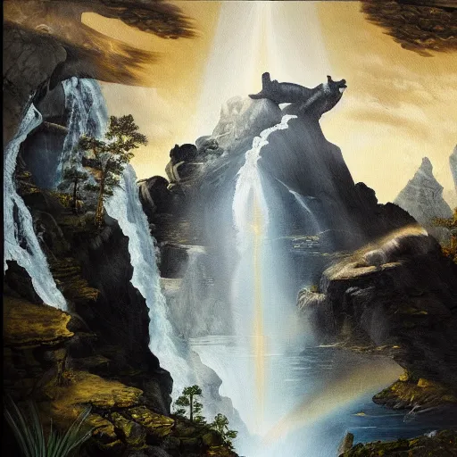 Image similar to oil painting of a dragon flying in the air near a cave with a waterfall in the center, light emanating from the waterfall leading to a big pool of water, dragon has black and white siberian tiger stripes, elegant, sharp focus, wide shot, clear, detailed, early renaissance