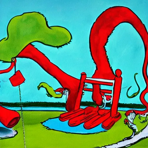 Prompt: painting of a swing set by dr seuss | horror themed | creepy