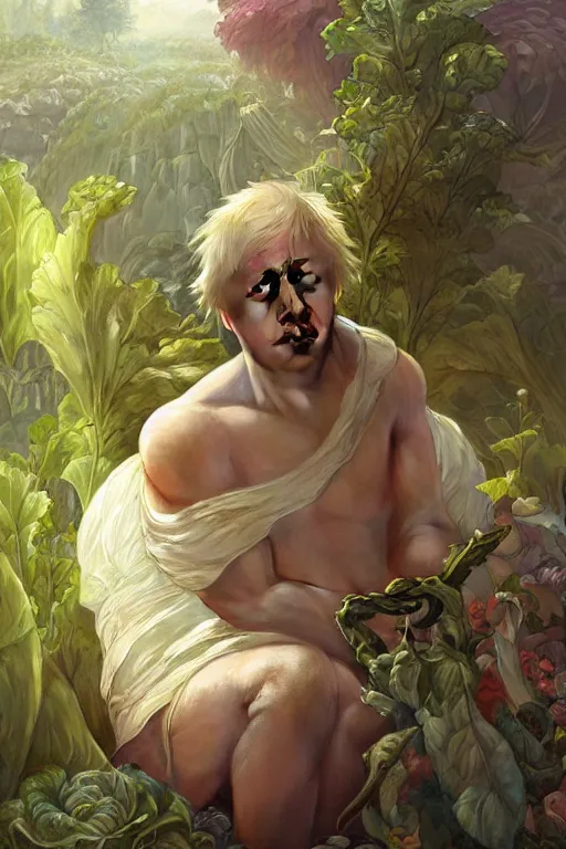 Prompt: boris johnson as garden bed for cabbage, realistic portrait, symmetrical, highly detailed, digital painting, artstation, concept art, smooth, sharp focus, illustration, cinematic lighting, art by artgerm and greg rutkowski and alphonse mucha