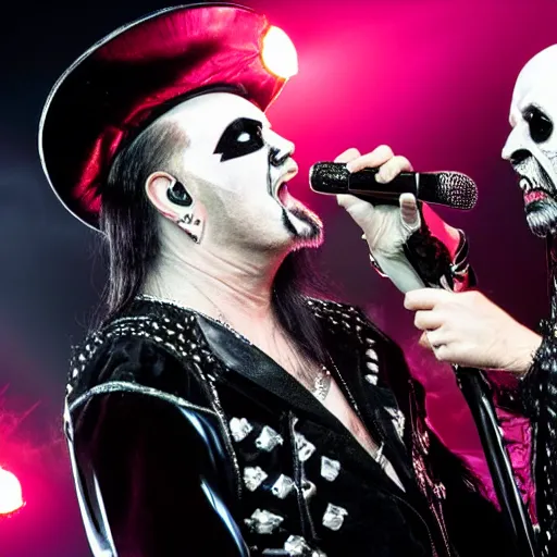Prompt: photorealistic King diamond singing a duet with Rob hAlFORD