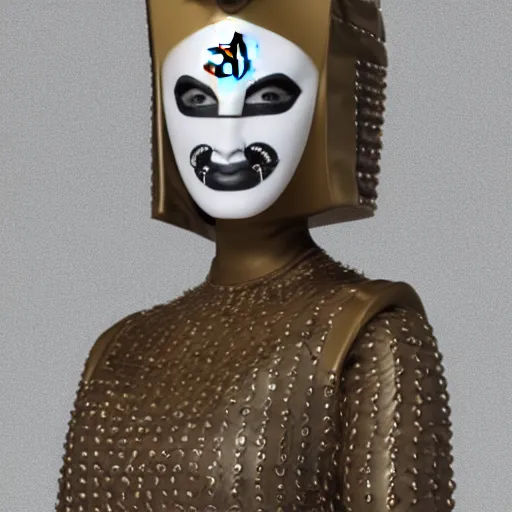 Image similar to portrait of masked dune dynasty with chanel clothes, white background, chanel logo, 8 k, symmetrical, 3 d render, octane render, insane details