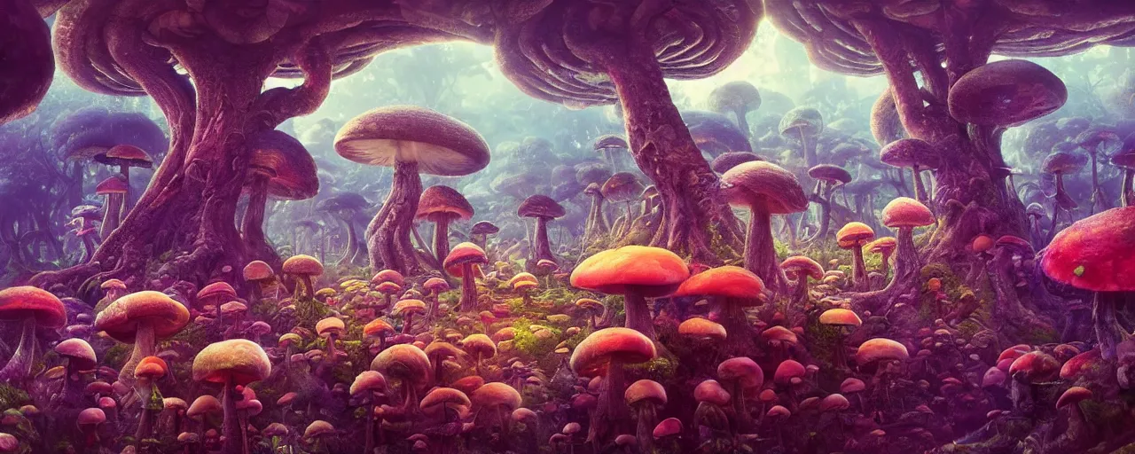 Image similar to ” whimsical world of giant mushrooms, flowers, trees, twisted roots and happiness, [ by paul lehr, cinematic, detailed, epic, widescreen, opening, establishing, mattepainting, photorealistic, realistic textures, octane render ] ”