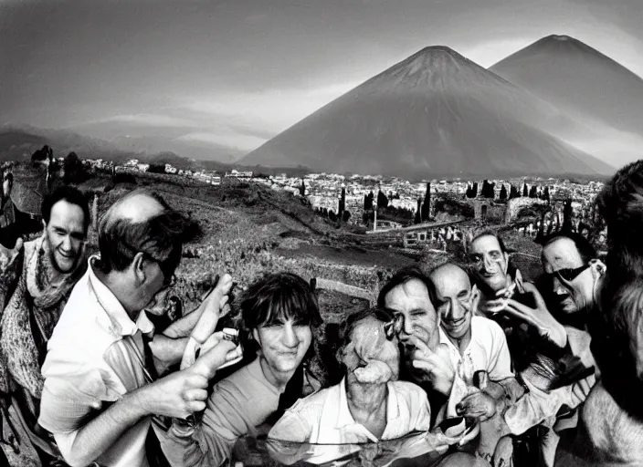 Image similar to old photo of average greeks drink wine and have fun against the backdrop of mount vesuvius starting to erupt by sebastian salgado, fisheye 1 6 mm, diffused backlight