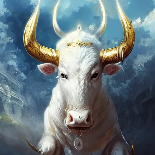 Prompt: a white bull with angelic wings and golden horns, epic fantasy digital art, fantasy style art, by Greg Rutkowski, fantasy hearthstone card art style